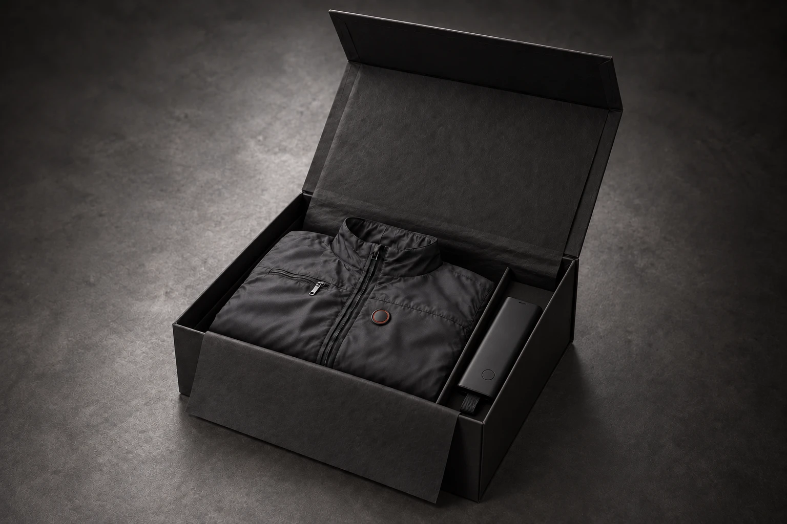 LOMPUNK powershot set: jacket and powerbank in an open black box